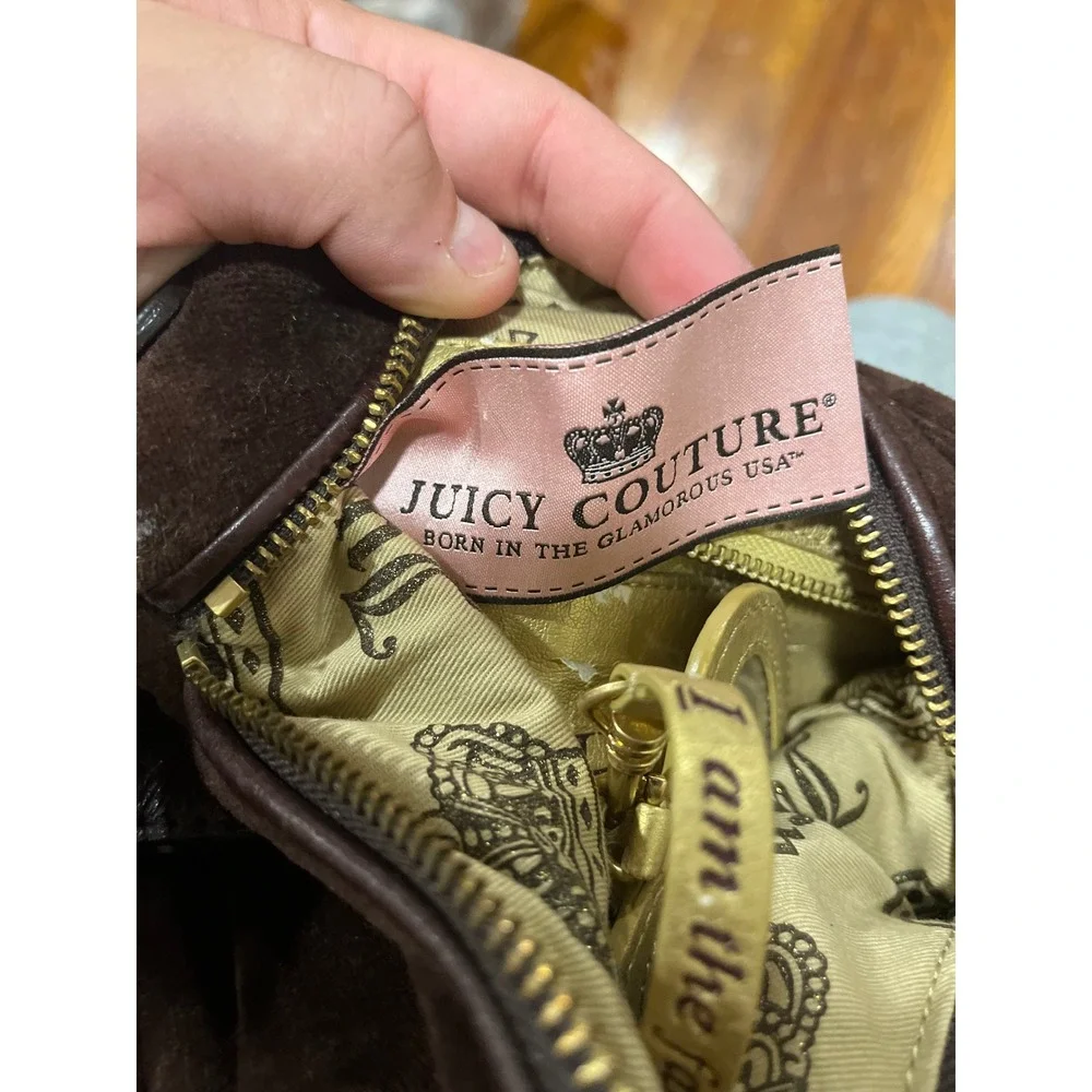 Juicy Couture Vintage Brown Velour Hobo Bag Crown Logo Gold Embroidery Y2K